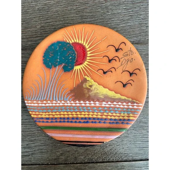 Cerogo Santo Domingo Terra Cotta Hand Painted Sunset BOHO Pottery Wall Plaque - Picture 2 of 6